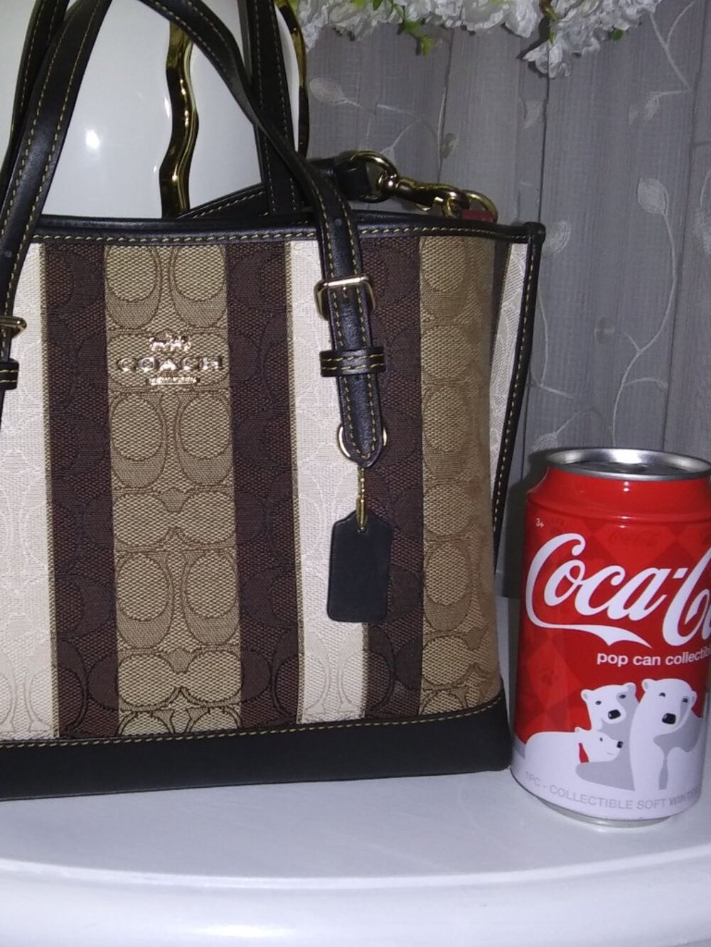 New Coach Signature Stripe Small Satchel in Brown/Black with Canvas Print - Picture 11 of 11